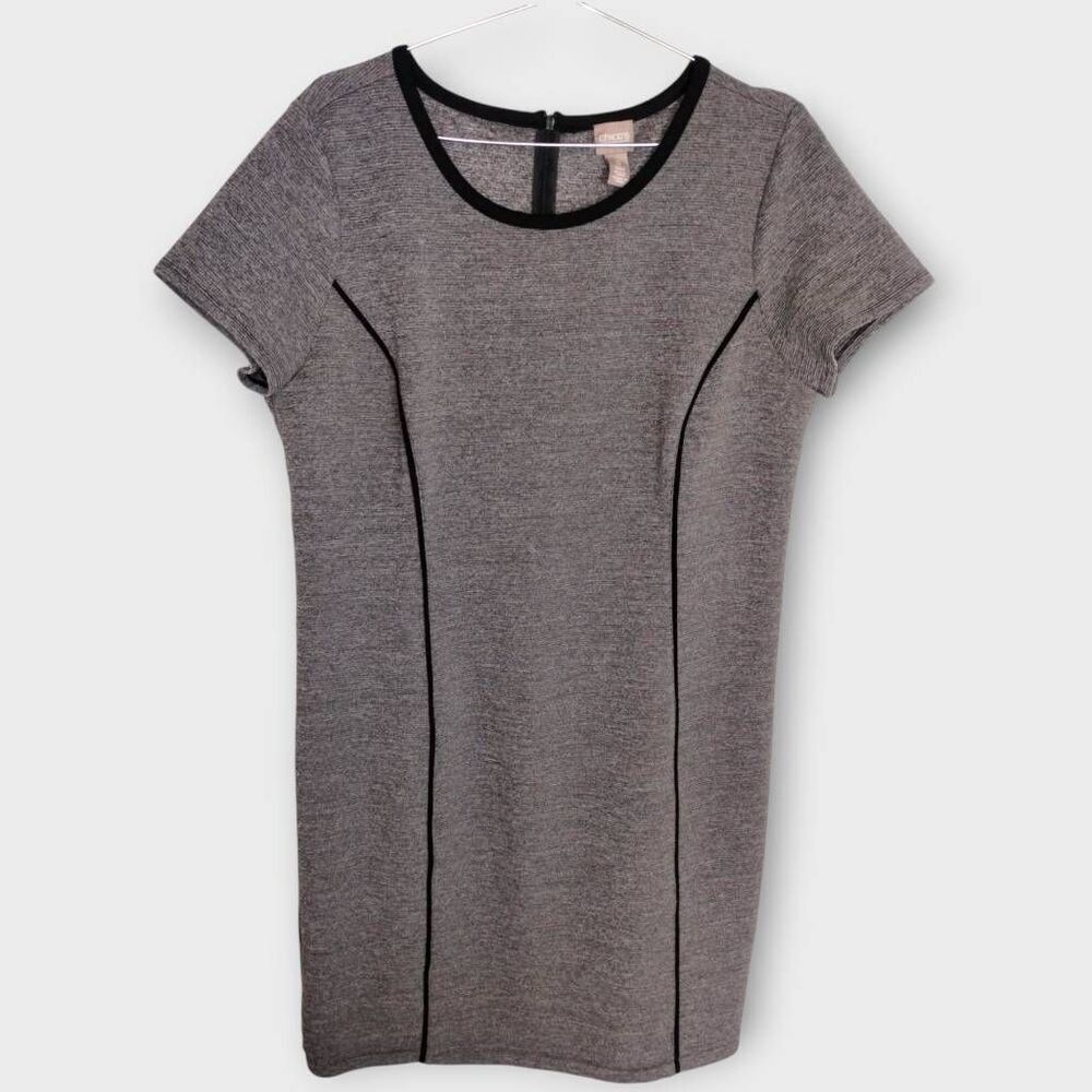 Chicos Womens Dress‎ Size 14 Chicos Gray Black Sheath Poly Knit Short Sleeve